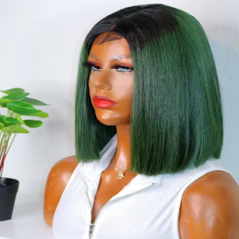 Soft Natural Hairline Ombre Green Short Cut Bob Silky Straight Lace Front Wig For Black Women BabyHair Prepluecked Daily