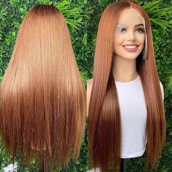 Soft Natural Orange Brown 26Inch Long 180% Density Glueless Lace Front Wig For Black Women With Baby Hair Heat Temperature Daily