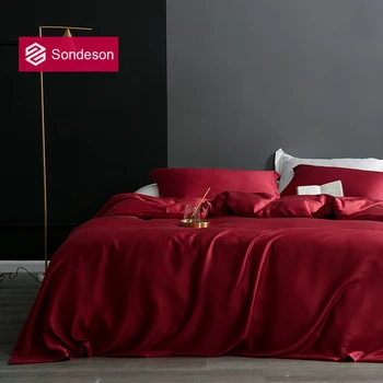 Sondeson Wome Noble Red 100% копринен спален комплект Double Queen King Duvet Cover Плосък лист Монтиран чаршаф Калъфка за възглавница Комплект за сън