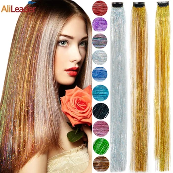  Straight Rainbow Colorful 15Pcs Clip In Hair Tinsel Kit 19.5