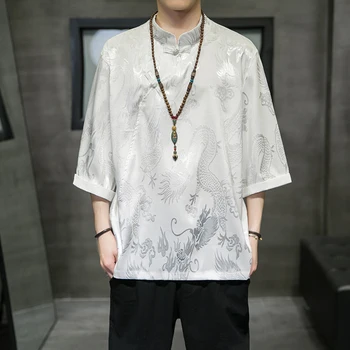 Summer Men's High Quality Icesilk Short Sleeve Men's Hanfu T-shirt Vintage Sinicism Dragon Jacquard Kung Fu T-shirt Men Top Tees