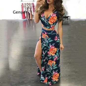 Summer печат флорални рокля две части комплект дама секси V врата кухи вън изрязване отгоре и разделени дълги поли 2 парче комплекти дамско облекло