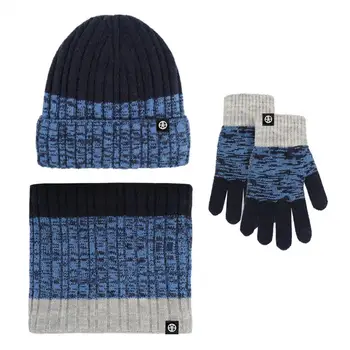 Touch екран ръкавици унисекс зимна шапка шал ръкавици комплект дебели топли еластични райета цвят съвпадение против хлъзгане врата главата ръце