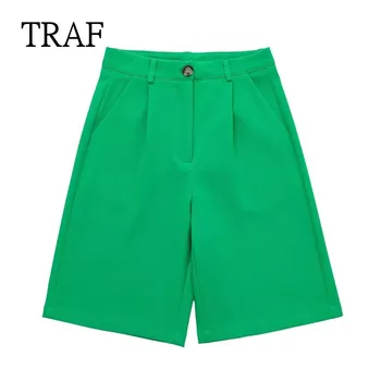 TRAF Зелени шорти за жени 2023 Нова висока талия Midi ежедневни шорти Дамско облекло Страничен джоб чип цип женски къси панталони