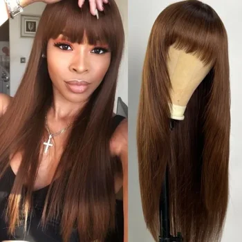 Unice коса човешка коса перуки слой нарязани мока средно кафяв бразилски прав перука с взрив за черни жени евтини перуки пълна машина