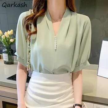 V-образно деколте блузи жени минималистичен нрав корейска мода елегантен офис дама чист естетически дизайнер нежно лято реколта облекло