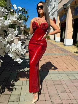 VC Червена коледна рокля за жени Роза форма дизайн спагети ремъци блясък пайети коктейл парти дълго приплъзване рокля Vestidos