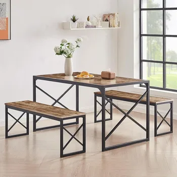 VECELO Кухненска маса с 2 пейки за 6,Дървени комплекти трапезария с метална рамка за кът за закуска и малко пространство,