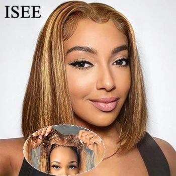Wear And Go ISEE Перука за осветяване на косата Ombre 4/27 Honey Brown Bob Wigs PrePlucked Glueless 6x4 Lace Front Wig Human Hair For Women