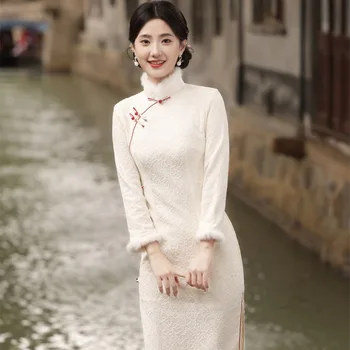Yourqipao 2023 Зимен плюшен удебелен кадифе дълъг Cheongsam стойка яка елегантен Qipao китайски стил вечерна рокля за жени