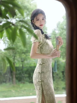 Yourqipao пролет лято нова мода подобрена зелена дантела средна дължина Cheongsam Vestidos para Mujer китайска традиционна рокля