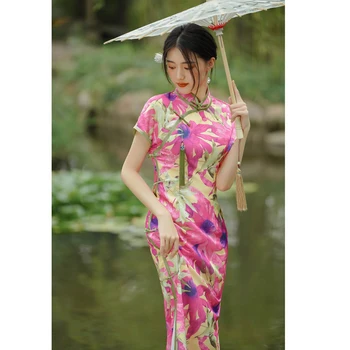 Yourqipao розов божур печат подобрена Cheongsam рокля Дамски летни китайски стил традиционни жени Qipao облекло абитуриентски рокли
