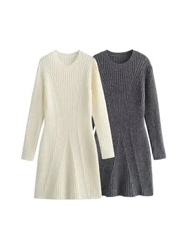 ZADATA 2023 Есен и зима Жените нов елегантен плътен цвят оребрени плетена рокля модерен O-образно деколте дълъг ръкав мини рокля