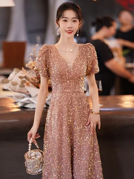 Блестяща вечерна рокля с пайети V Neck Slim Дълга коктейлна парти рокля 2023 Модни женски банкетни абитуриентски рокли