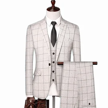 Британски стил мъже карирана жилетка нетактичност панталони 3 парчета комплект / мъжка мода висок клас тънък сватбен банкет бизнес костюм яке палто