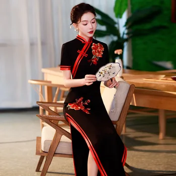 бродирани цвете дълго Cheongsam традиционен китайски Qipao реколта класически мандарин яка китайска рокля секси тънък вестидос