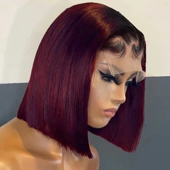 Бургундия 99J цвят 4X4 дантела затваряне перука Pixie нарязани кратко Боб човешка коса перуки за черни жени Preplucked бразилски Remy коса
