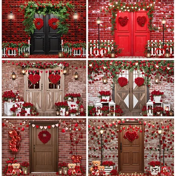 Валентин врата декорация фон любовници двойка парти банер червена роза сърце цветя тухлена стена снимка фон фотография