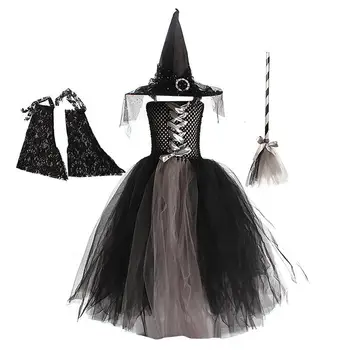 вещица костюм Хелоуин вещица костюм полиестер момичета дишаща Хелоуин костюм с метла за момичета 2-10 години