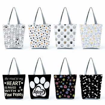висок капацитет Kawaii голяма пазарска чанта женски случайни мода печат сладък карикатура пазарска чанта жени рамо чанта котка кучета лапи чанти