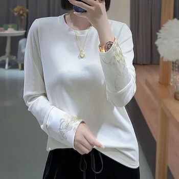 Високо качество есен нов китайски стил кадифе топ жените O-образно деколте дълъг ръкав бродирани тънък меки и удобни риза S-XXL