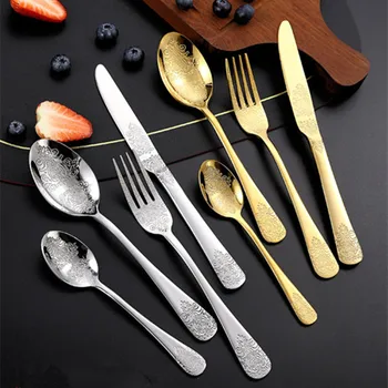  Гравиран златен комплект от неръждаема стомана Кухненски ножове Вилици Лъжици Огледални прибори за хранене Комплекти прибори за хранене Прибори за