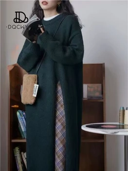 Дамска рокля плетен пуловер Сплит 2023 есен зима Ново в корейския моден дизайн О-образно деколте Дамско палто Елегантни рокли за жени