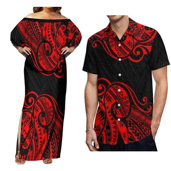 Дамска рокля с къс ръкав Удобна рокля с рамо с мъжка ежедневна риза Полинезия, съчетана с костюм на двойка