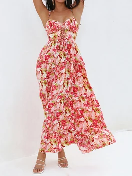 Дамска рокля с цветен принт Boho с презрамки за спагети без гръб и без ръкави Перфектен за летни партита и ками
