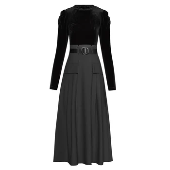 Дамска черна кадифена пачуърк Midi бизнес рокля, обло деколте, бутер ръкав, катарама, кожен колан, A-Line, есен, зима, нов