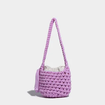 Дамски летни пискюл чанта кухи плаж тъкани чанта ръчно изработени ваканция женски рамо чанта трева дизайнер тъкани чанти