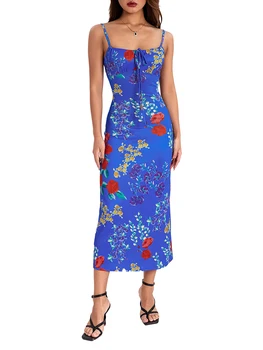 Дамски летни флорални спагети презрамки Midi рокля без гръб без ръкави хлабав случайни плаж рокля Sundress