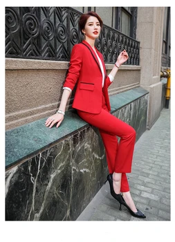 Дамски панталони костюми комплекти червен черен сив офис дамски комплекти униформа за бизнес работа износване женски дрехи 2 парче комплект