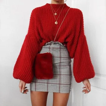 Дамски пуловер есен зима удебелен топъл пуловер жени елегантна мода фенер с дълъг ръкав ръкав ретро плетен пуловер