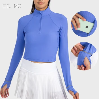 Дамски спортни тениски с джобове стойка яка половин ZippercThumb дупки отразяващи кроп върховете
