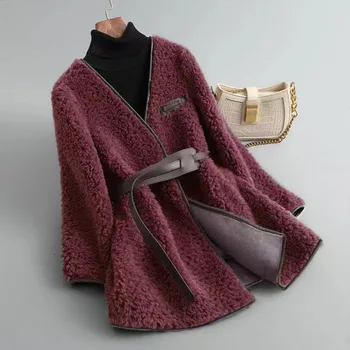 Дамско палто от агнешка вълна есен зима подплатени топло кожено яке мода v-образно деколте средно до дълго колан тънък връхни дрехи женски