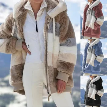 Дамско руно с качулка палто 2023 мода изкуствена кожа цип нагоре връхни дрехи елегантни топли дебели плюшени зимни якета женски дрехи
