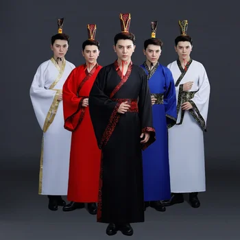 Древен китайски костюм Мъже Традиционно китайско танцово облекло за жени Дълъг ръкав ханфу сатенена роба рокля Момче династия Цин