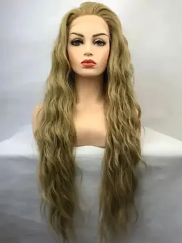 Дълга естествена блондинка вълнообразна прозрачна дантела синтетична топлоустойчива влакна жени тяло вълна дневна коса