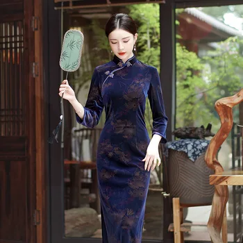 Елегантна китайска рокля Дамски велур Qipao Голям размер 3Xl 4Xl 5Xl Китайски традиционен Cheongsam Есен Зима Vestidos Para Mujer