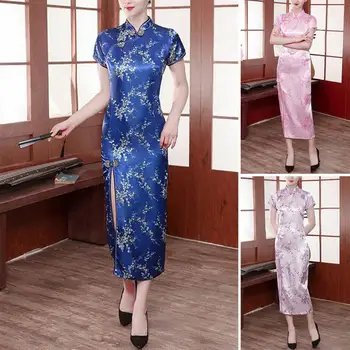 Елегантна печатна рокля елегантна изкуствена сатенена дълга Cheongsam китайски стил стойка яка къс ръкав Qipao цвете печат за специални