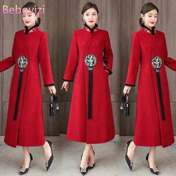 Есен Зима вълнена бродерия Cheongsam открит китайски стил палто жените Tang костюм жените ретро червено синьо ханфу