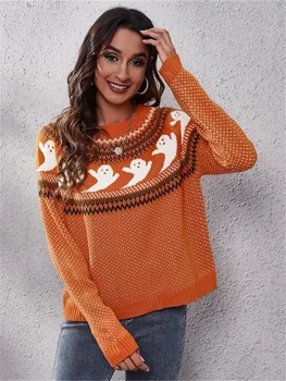 есен зима полка точка пуловер жени Хелоуин реколта трикотажни пуловер дълъг ръкав джъмпер дами случайни хлабав шик пуловери