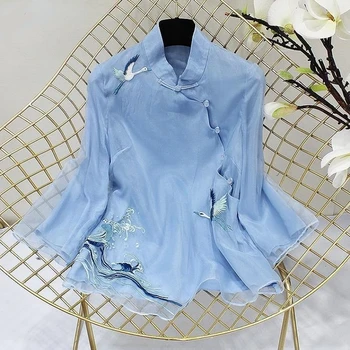 етнически стил Tang костюм риза реколта Harajuku кран бродерия китайски върховете жени нови елеганти хлабав бяло синьо ханфу блуза