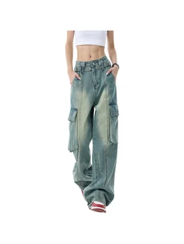 Жени американски реколта прав хлабав дизайн дънки джоб деним карго панталони торбести дълги панталони Cyber 2000s естетически Harajuku