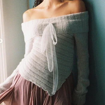 Жени Асиметричен Eelgant трикотаж Y2K дантела нагоре пуловери реколта рамото пълен ръкав джъмпери есен зима улично облекло