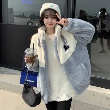 Жени Есен Зима Топло сърце Агнешки якета 2023 Нова корейска дама сладка пачуърк цип палта имитация на кожа Връхни дрехи Розови върхове