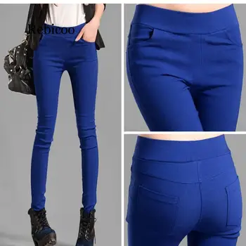 Жени Есен нов джоб с висока талия панталони с цвят на бонбони панталони еластични тънки кльощави панталони тънки панталони крак клинове