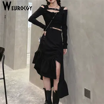 Жени Секси обвивка дълъг ръкав рокля поли комплекти 2 броя Мини мода Vestidos асиметрична яка корейски стил черни рокли