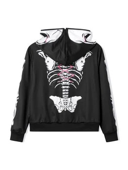 Жените Y2K графичен цип нагоре пуловер суитчър сива врана готически Хелоуин извънгабаритни яке скелет цип качулки